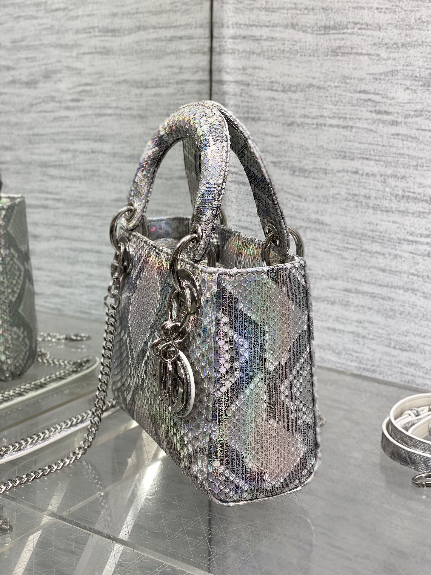 DIOR MINI 17 LADY BAG IN SILVER SNAKESKIN PATTERN LAMBSKIN