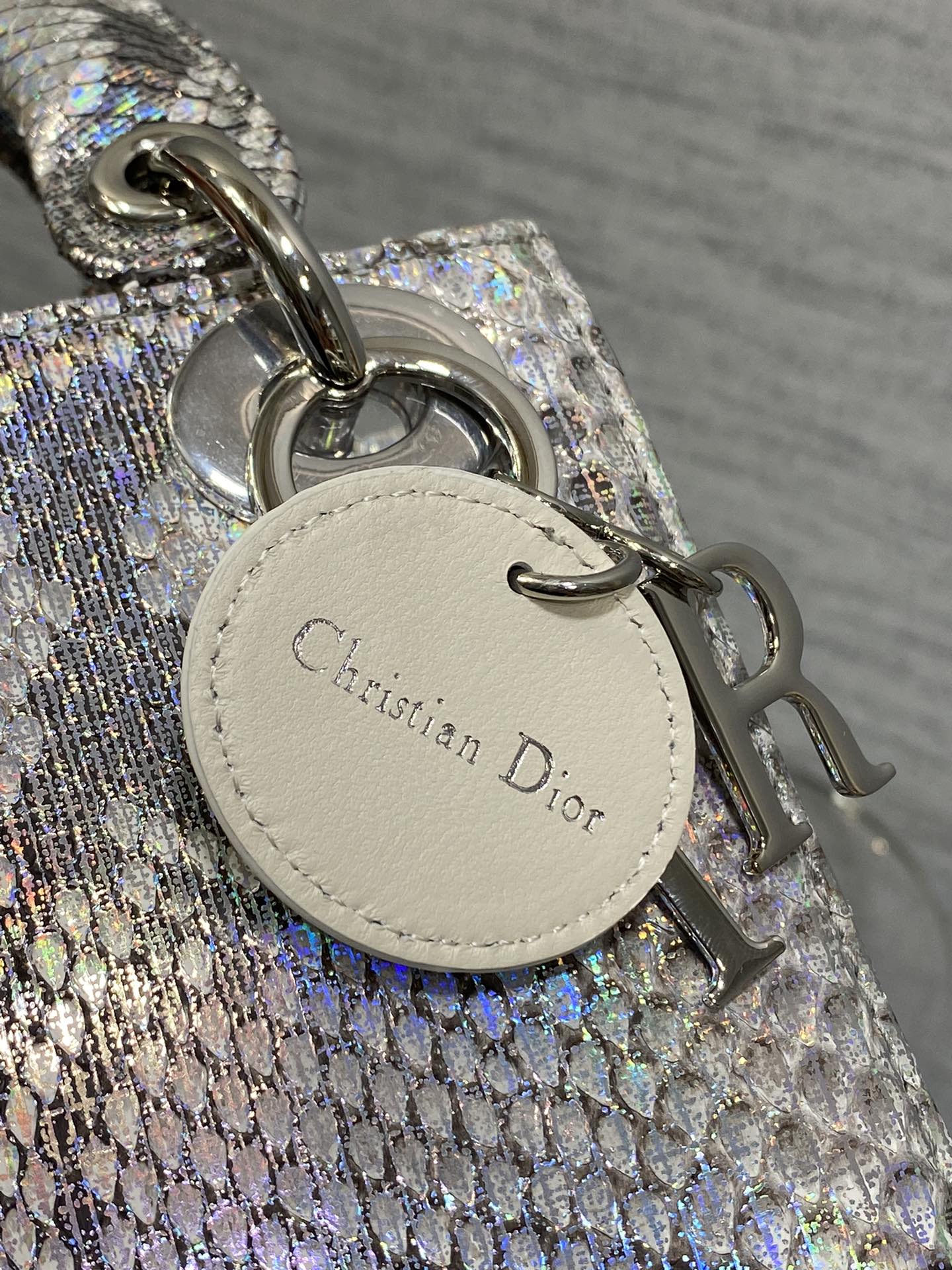 DIOR MINI 17 LADY BAG IN SILVER SNAKESKIN PATTERN LAMBSKIN