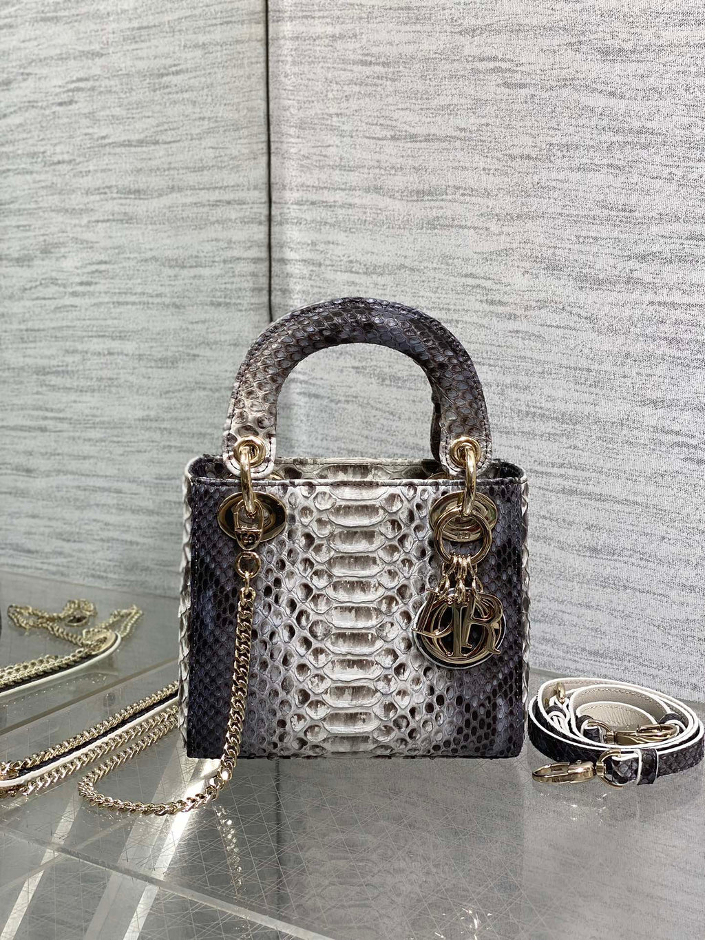 DIOR MINI 17 LADY BAG IN WHITE MIX BLACK SNAKESKIN PATTERN LAMBSKIN