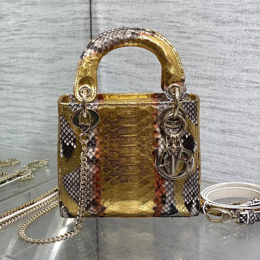 DIOR MINI 17 LADY BAG IN GOLDEN SNAKESKIN PATTERN LAMBSKIN