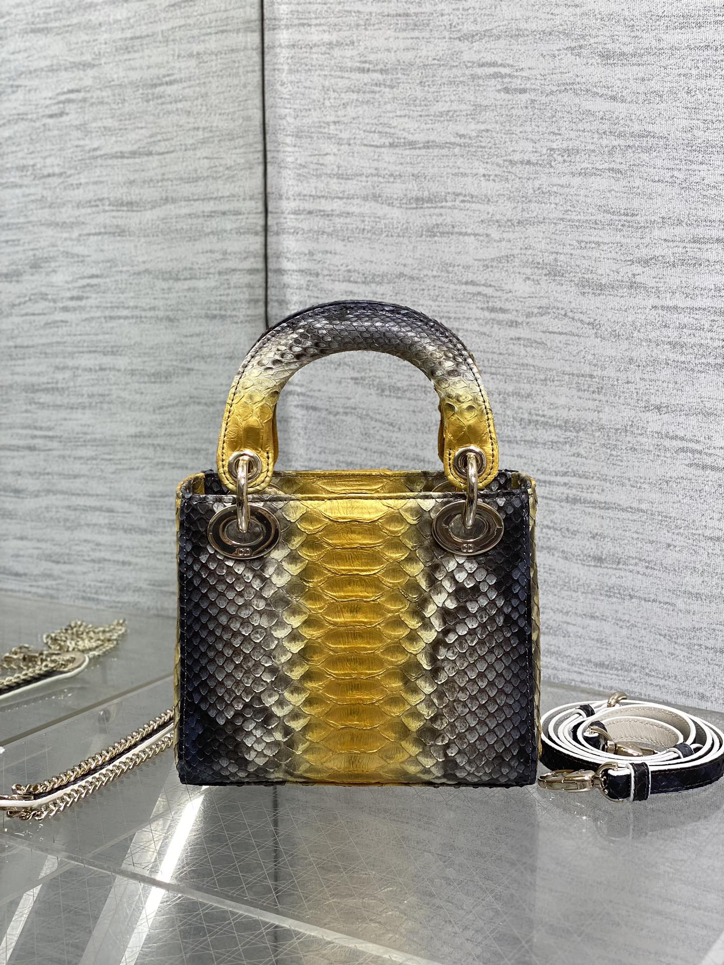 DIOR MINI 17 LADY BAG IN SUN FLOWER MIX BLACK SNAKESKIN PATTERN LAMBSKIN