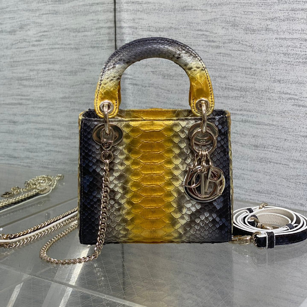 DIOR MINI 17 LADY BAG IN SUN FLOWER MIX BLACK SNAKESKIN PATTERN LAMBSKIN