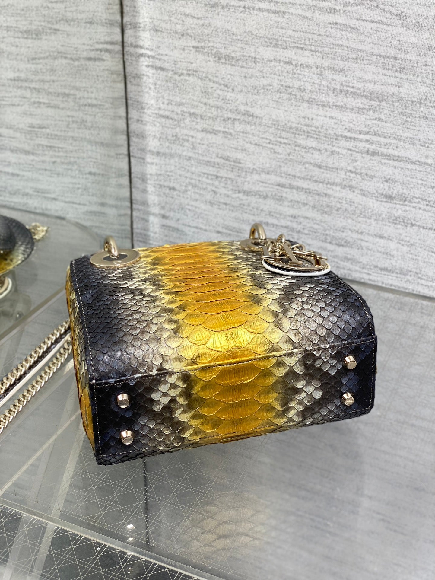 DIOR MINI 17 LADY BAG IN SUN FLOWER MIX BLACK SNAKESKIN PATTERN LAMBSKIN