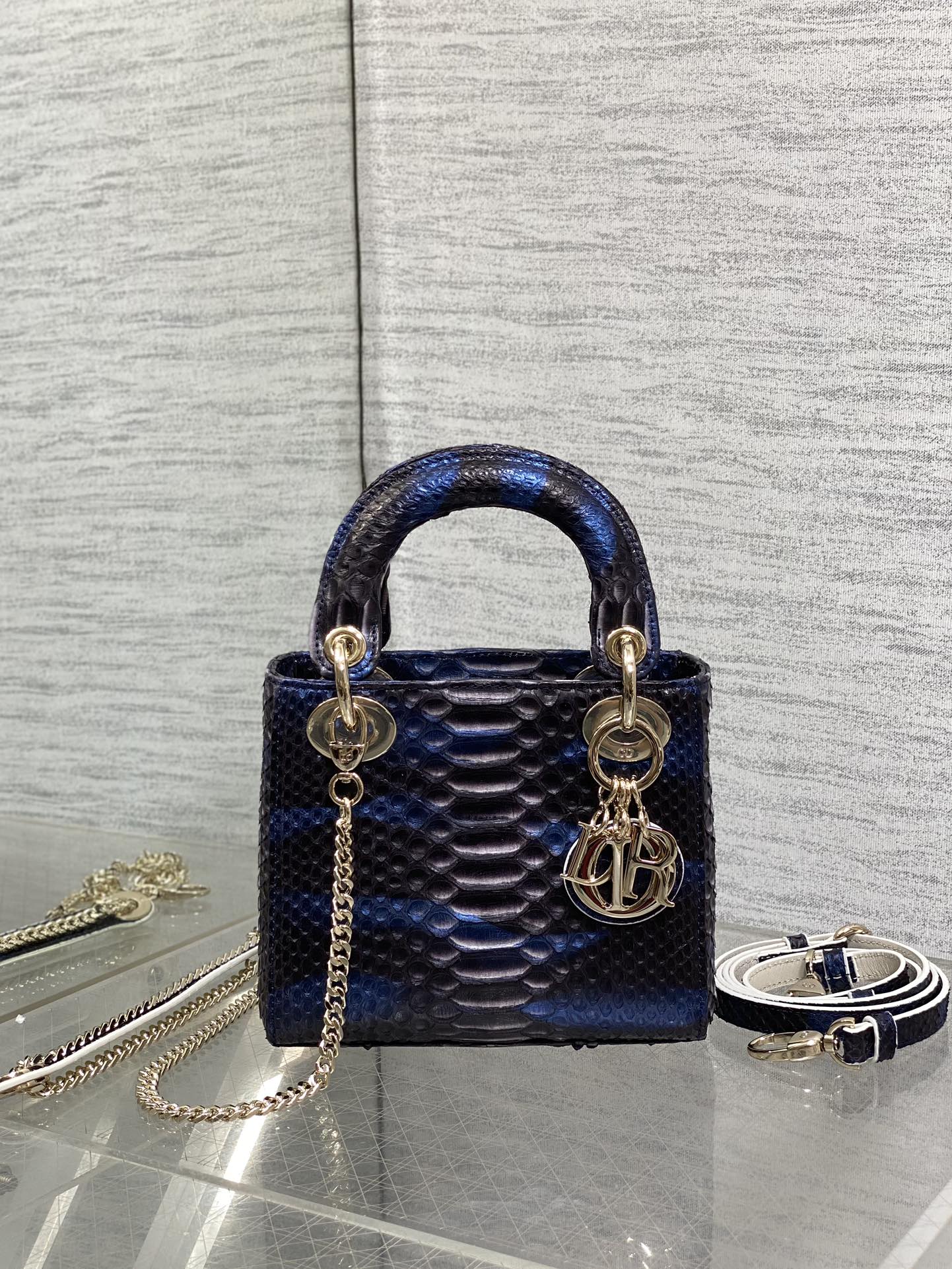 DIOR MINI 17 LADY BAG IN NAVY BLUE MIX BLACK SNAKESKIN PATTERN LAMBSKIN