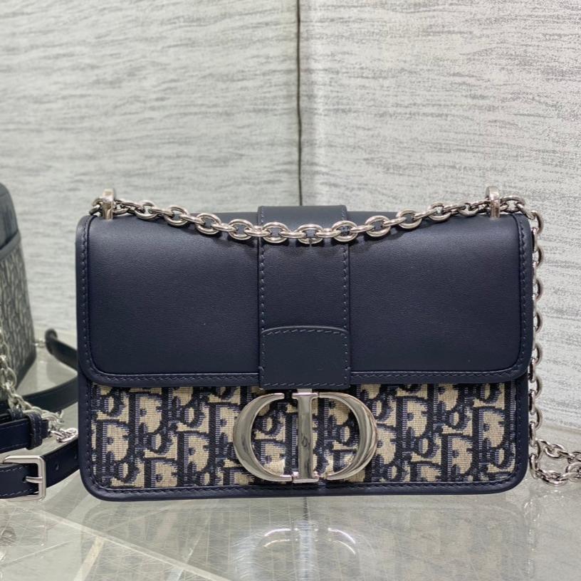 DIOR MONTAIGNE EAST-WEST 25 BAG WITH CHAIN IN NAVY BLUE LAMBSKIN AND MONOGRAM JACQUARD