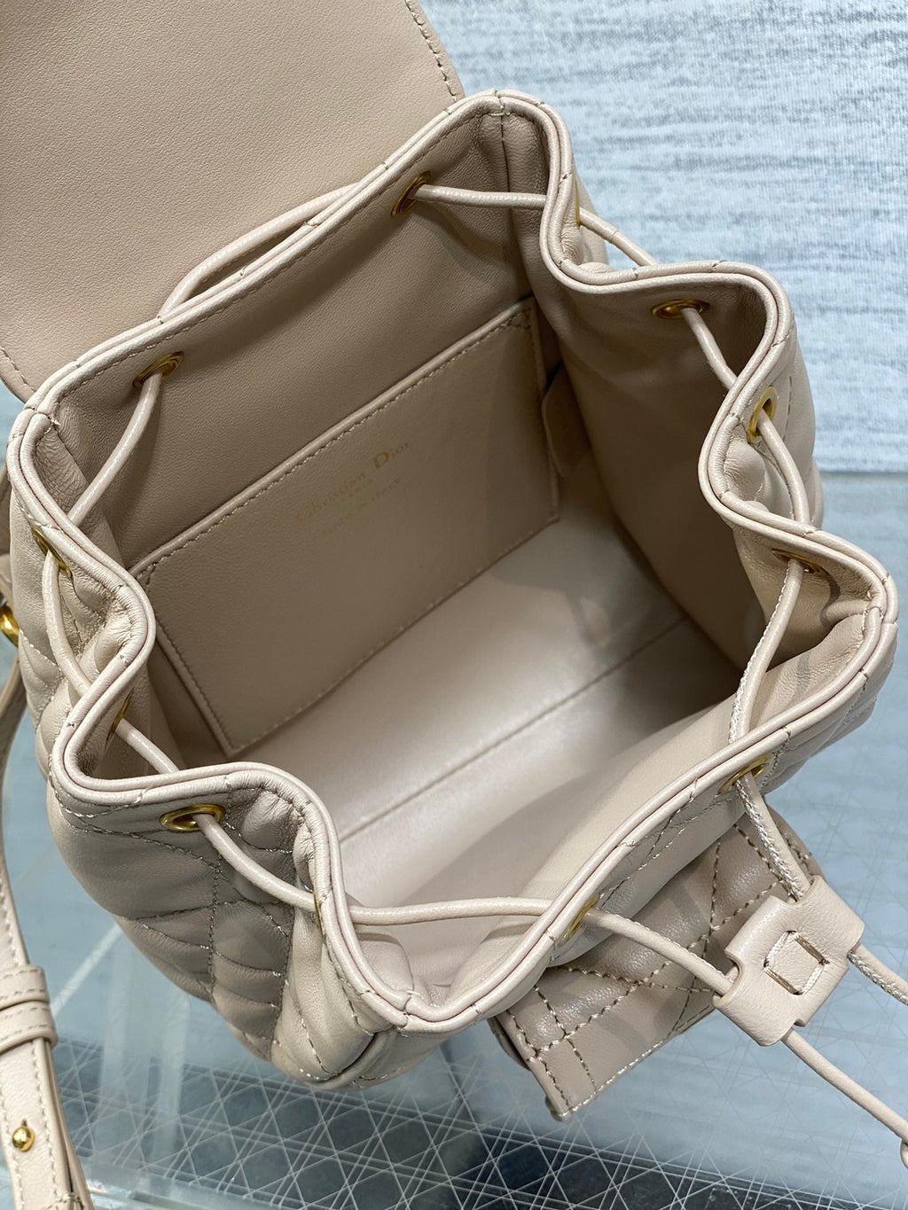 DIOR SMALL 20 CARO BACKPACK IN ALMOND BEIGE MACROCANNAGE LAMBSKIN