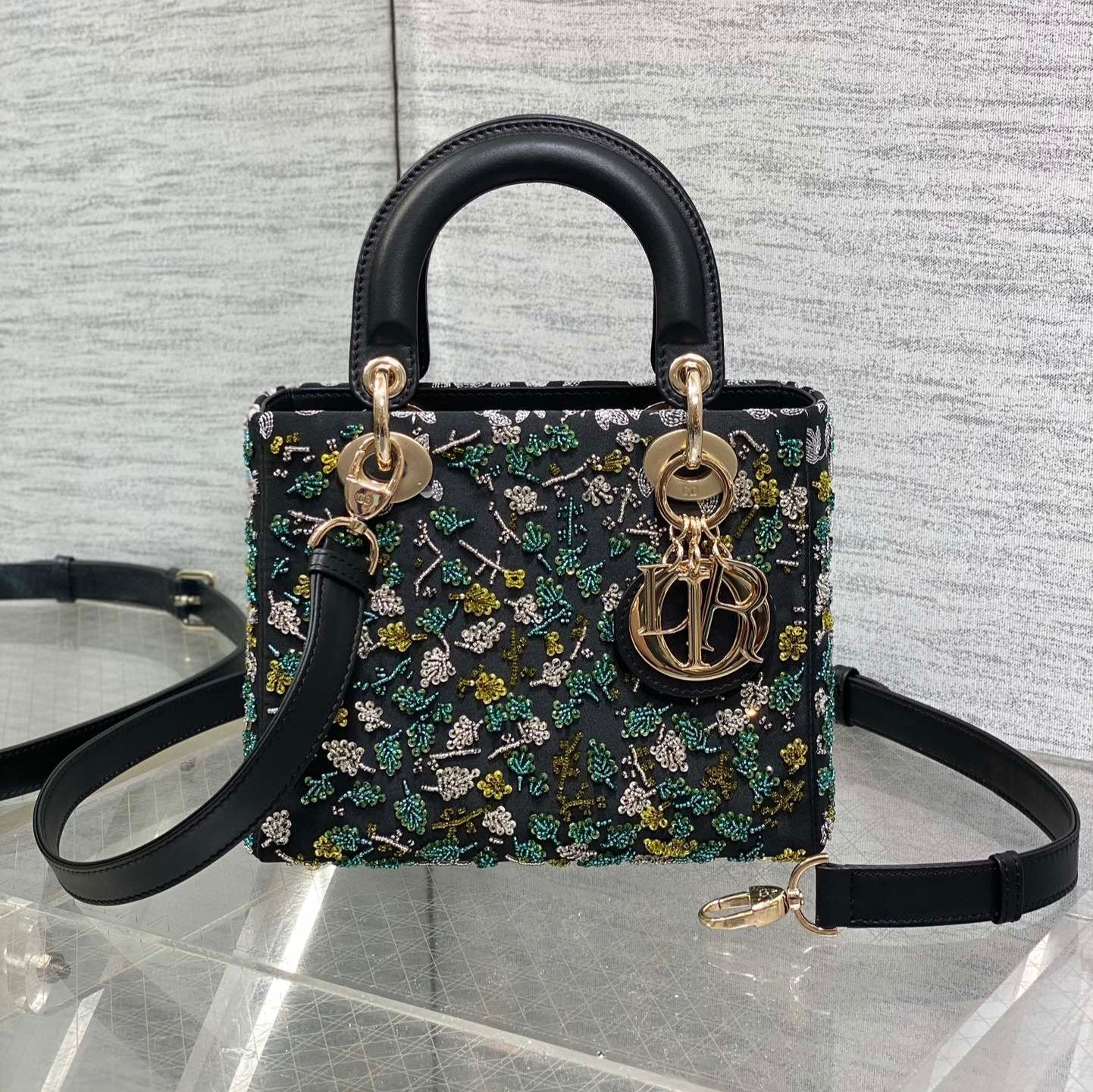 DIOR SMALL 20 BAG BLACK LAMBSKIN WITH SHOOTING STAR EMBROIDERY WOMEN 226114