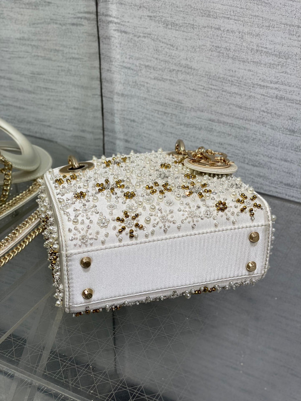 DIOR MINI 17 LADY BAG IN WHITE SATIN EMBROIDERED WITH BEADS
