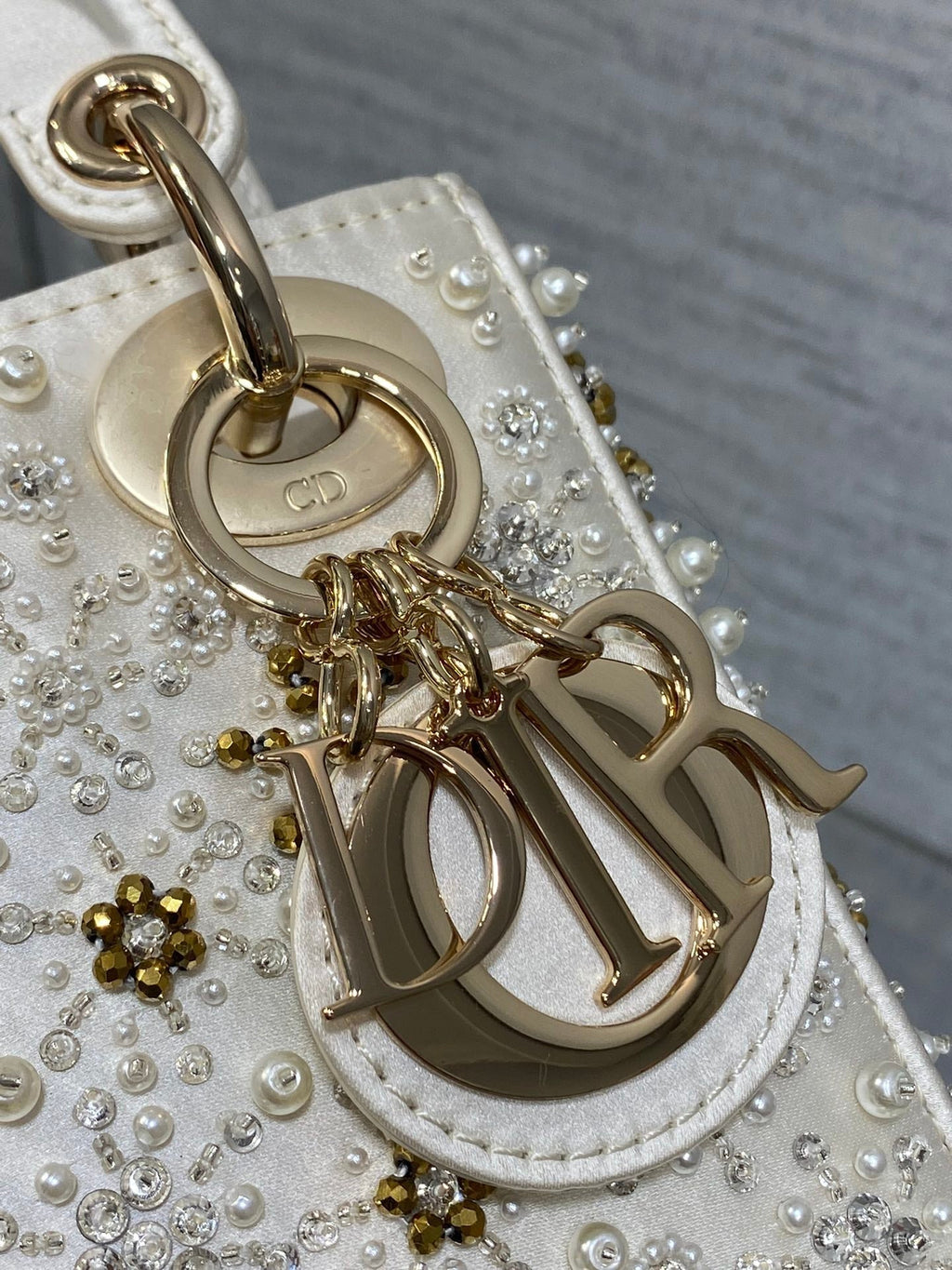 DIOR MINI 17 LADY BAG IN WHITE SATIN EMBROIDERED WITH BEADS