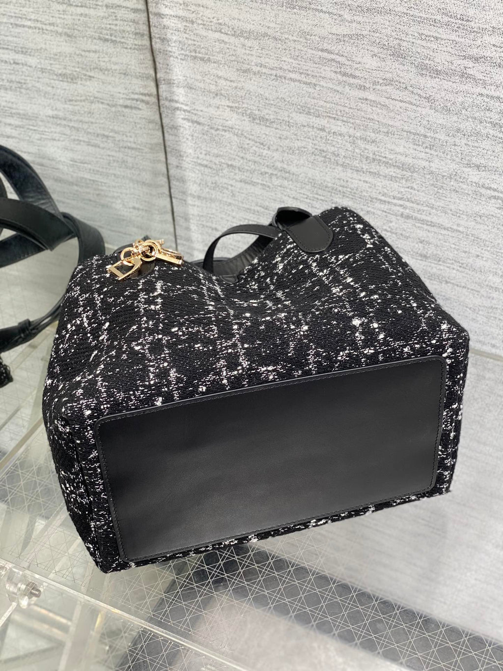DIOR MINI 23 TOUJOURS BAG IN BLACK MIX WHITE CANNAGE TWEED WITH GOLD HARDWARE