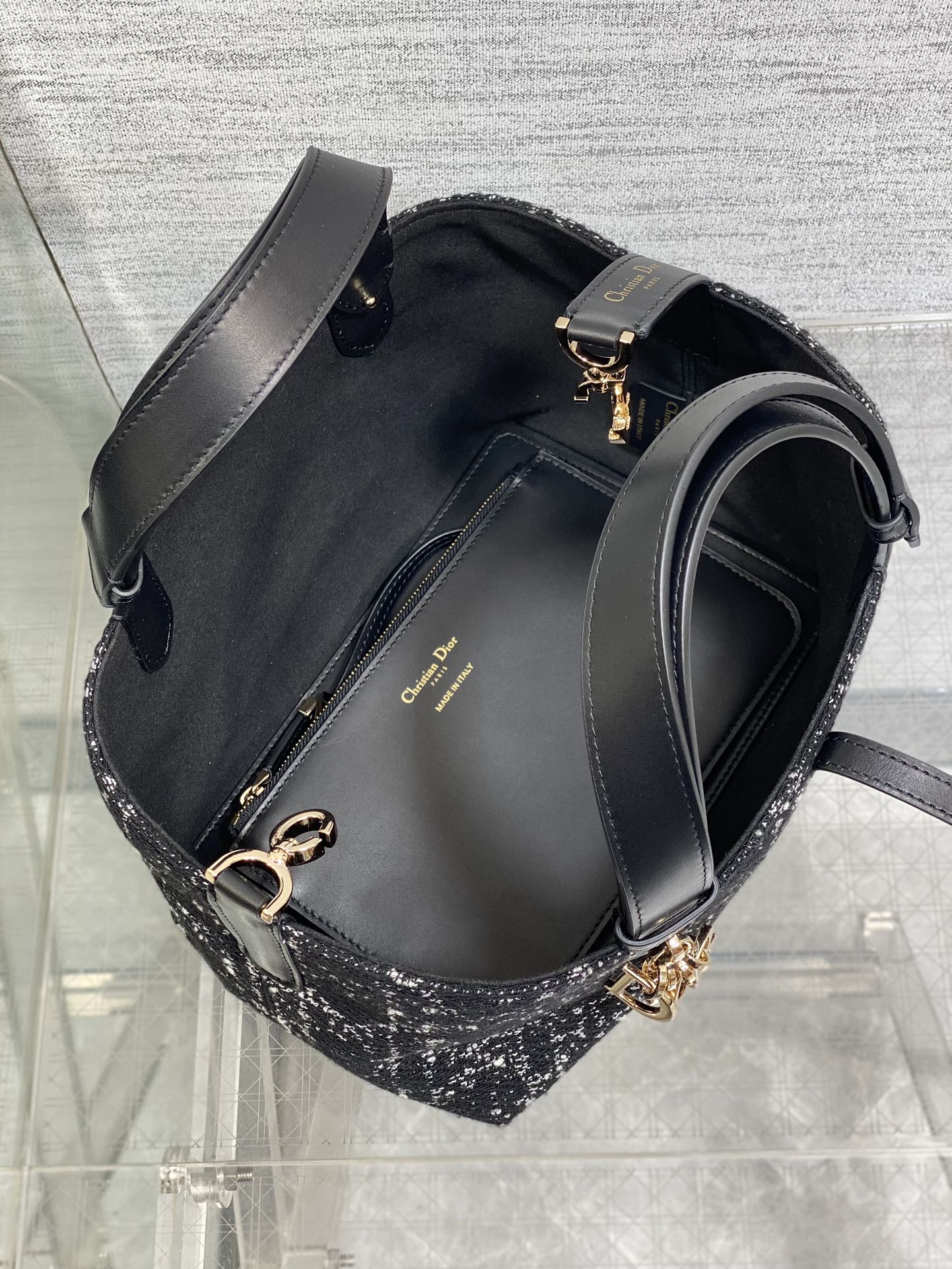 DIOR MINI 23 TOUJOURS BAG IN BLACK MIX WHITE CANNAGE TWEED WITH GOLD HARDWARE