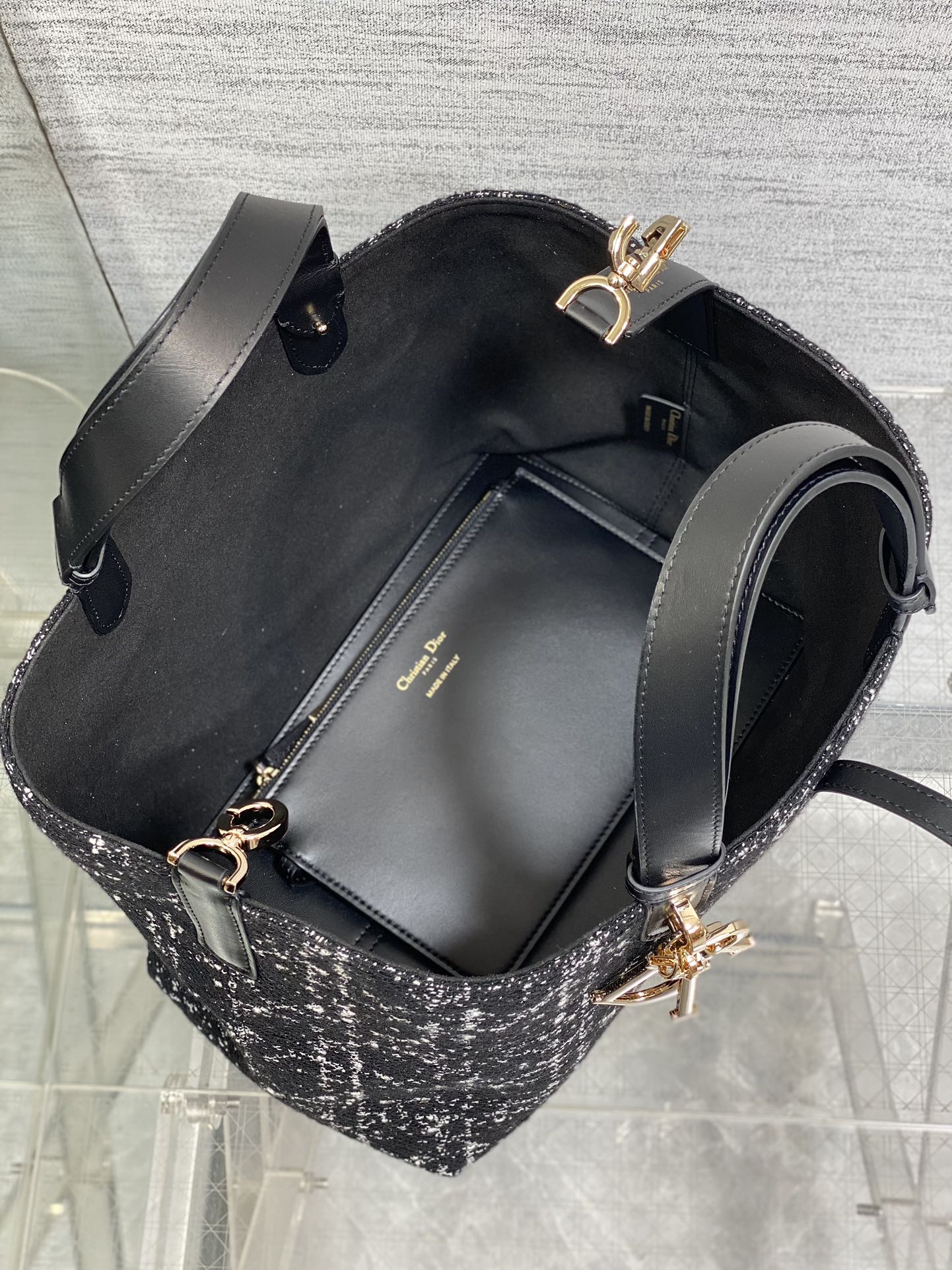 DIOR MEDIUM 28 TOUJOURS BAG IN BLACK MIX WHITE CANNAGE TWEED WITH GOLD HARDWARE