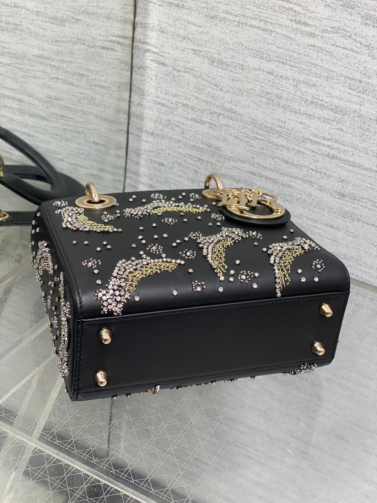 DIOR SMALL 20 BAG BLACK LAMBSKIN WITH SHOOTING STAR EMBROIDERY WOMEN