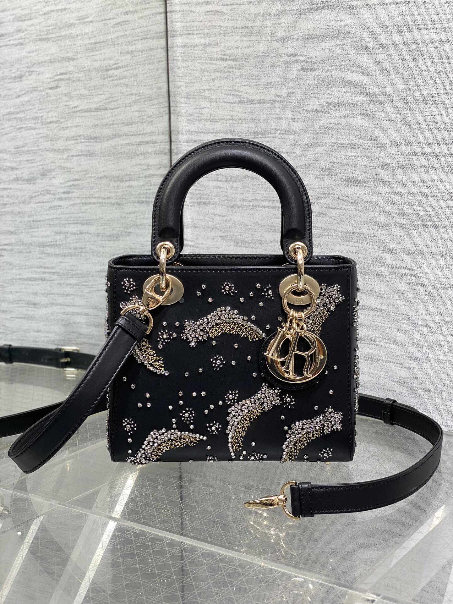 DIOR SMALL 20 BAG BLACK LAMBSKIN WITH SHOOTING STAR EMBROIDERY WOMEN