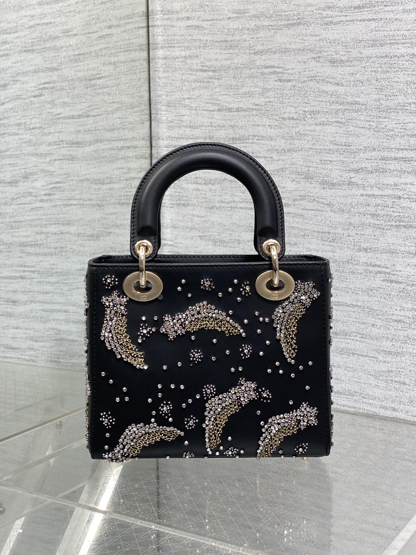 DIOR SMALL 20 BAG BLACK LAMBSKIN WITH SHOOTING STAR EMBROIDERY WOMEN