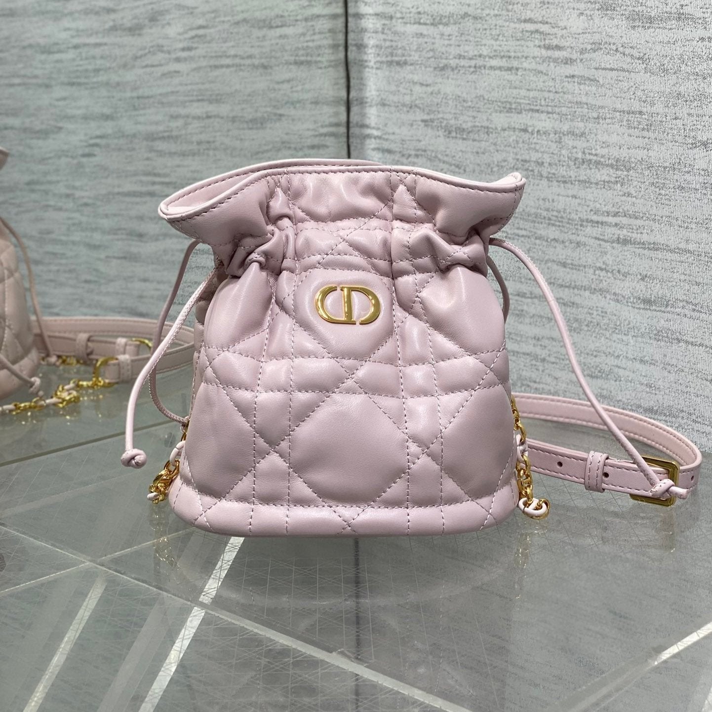 DIOR MONTAIGNE MINI 18 BUCKET BAG WITH DRAWSTRING IN BABY PINK LAMBSKIN