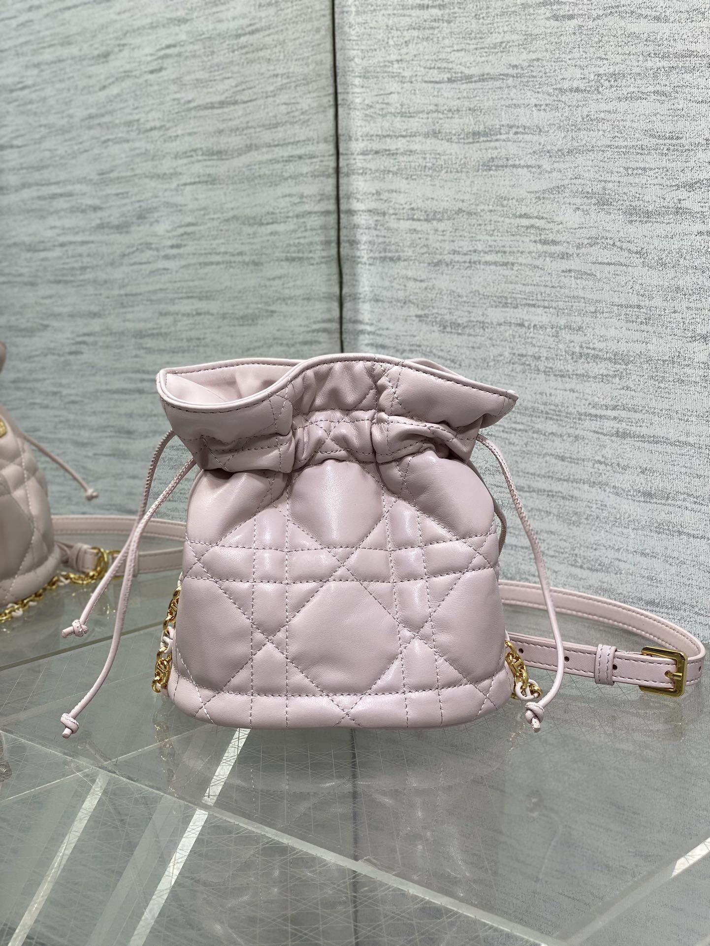 DIOR MONTAIGNE MINI 18 BUCKET BAG WITH DRAWSTRING IN BABY PINK LAMBSKIN