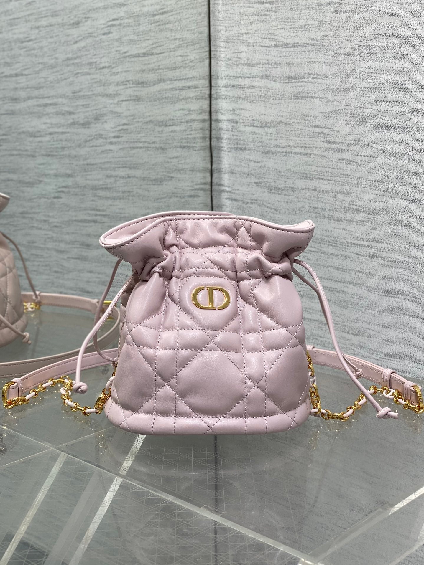 DIOR MONTAIGNE MINI 18 BUCKET BAG WITH DRAWSTRING IN BABY PINK LAMBSKIN