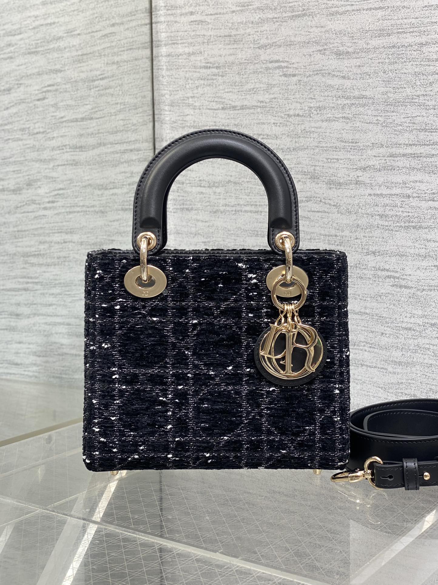 DIOR MINI 20 LADY BAG IN BLACK MIX WHITE CANNAGE TWEED WITH GOLD HARDWARE