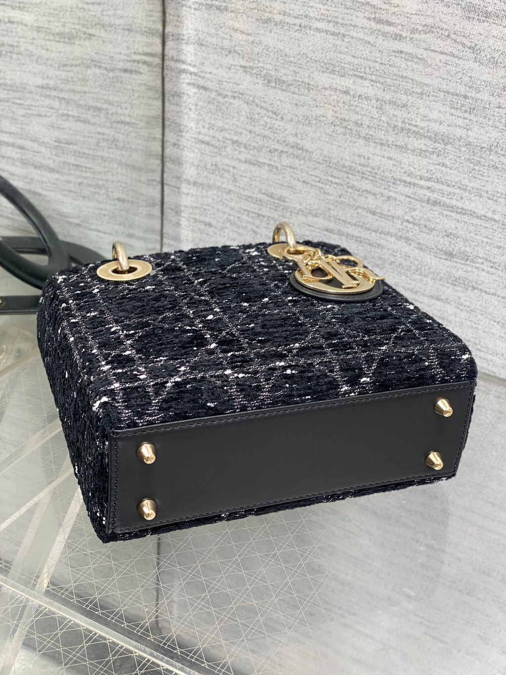 DIOR MINI 20 LADY BAG IN BLACK MIX WHITE CANNAGE TWEED WITH GOLD HARDWARE
