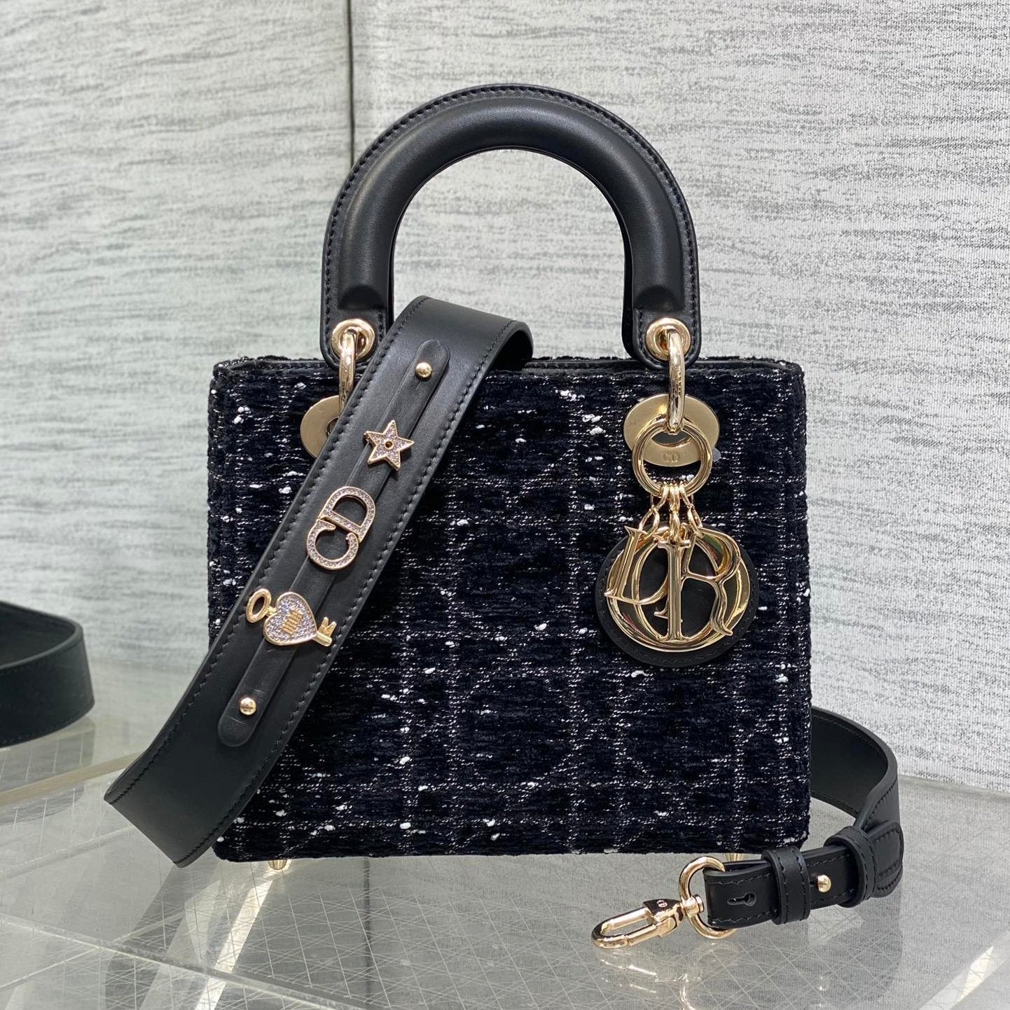 DIOR MINI 20 LADY BAG IN BLACK MIX WHITE CANNAGE TWEED WITH GOLD HARDWARE