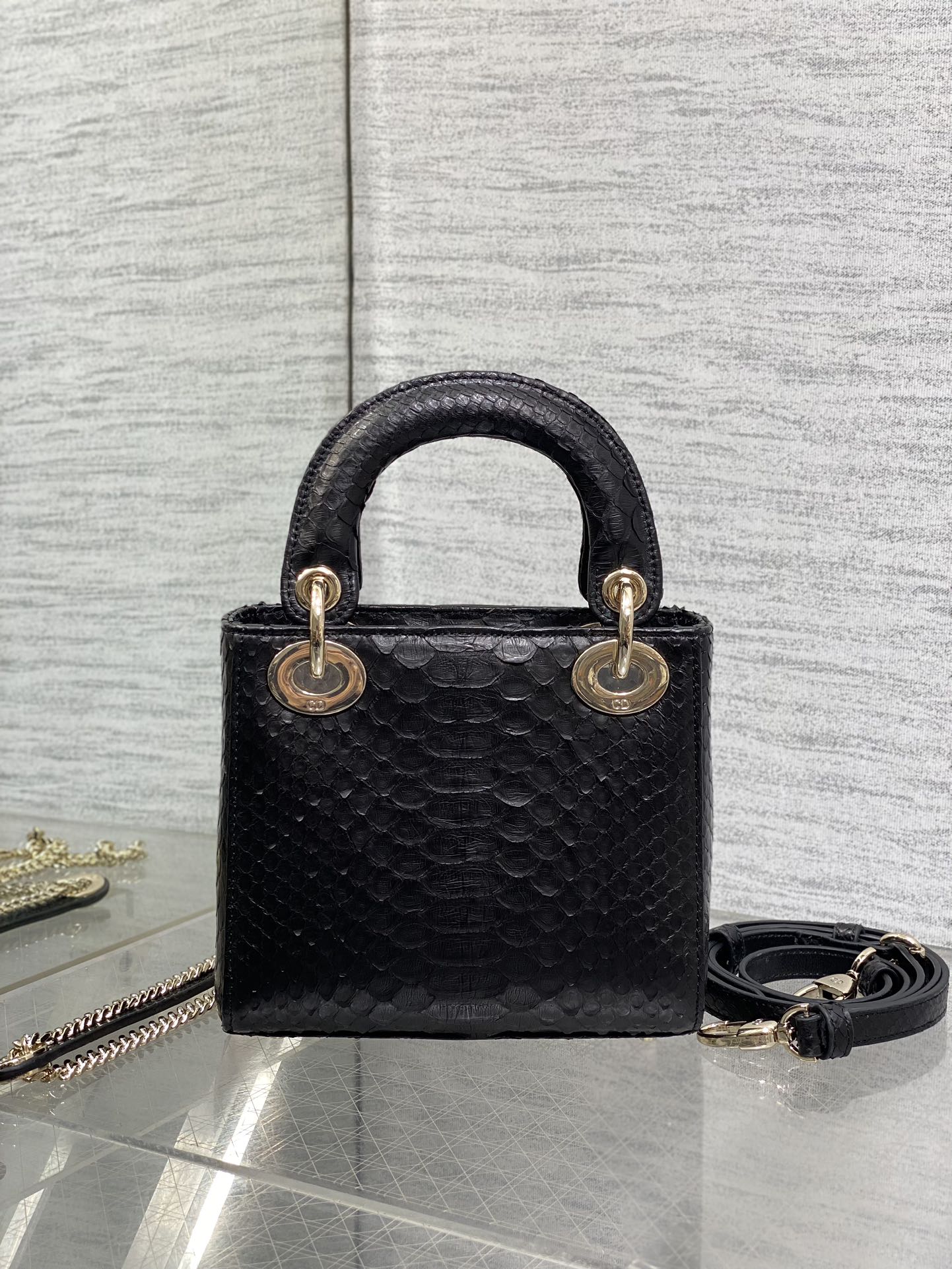 DIOR MINI 17 LADY BAG IN BLACK SNAKESKIN PATTERN LAMBSKIN