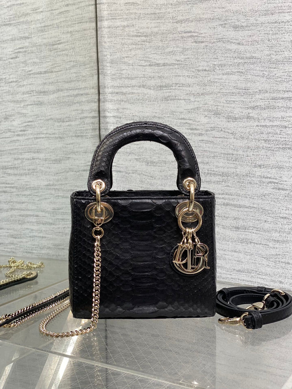 DIOR MINI 17 LADY BAG IN BLACK SNAKESKIN PATTERN LAMBSKIN