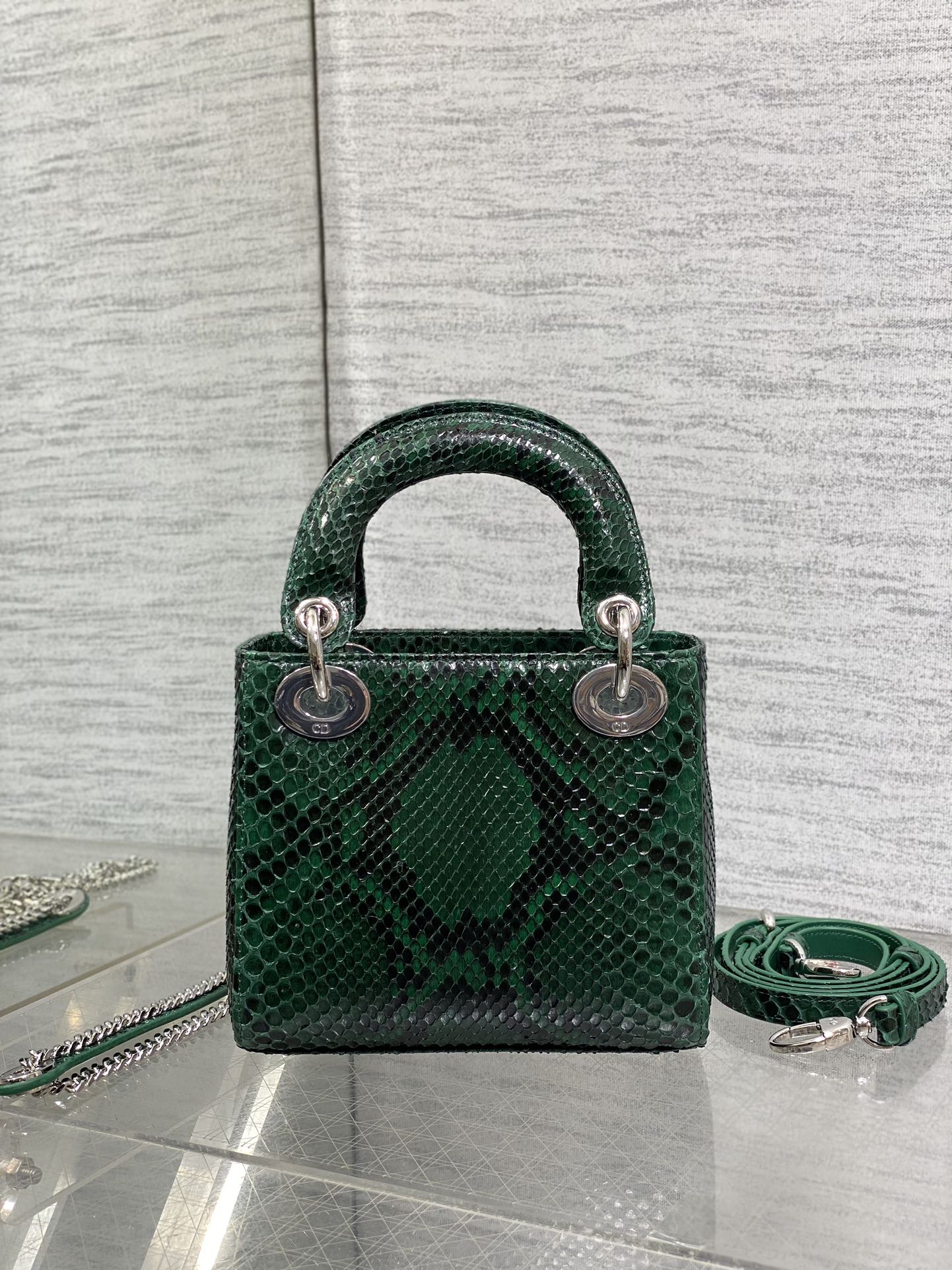 DIOR MINI 17 LADY BAG IN GREEN FOREST MIX BLACK SNAKESKIN PATTERN LAMBSKIN