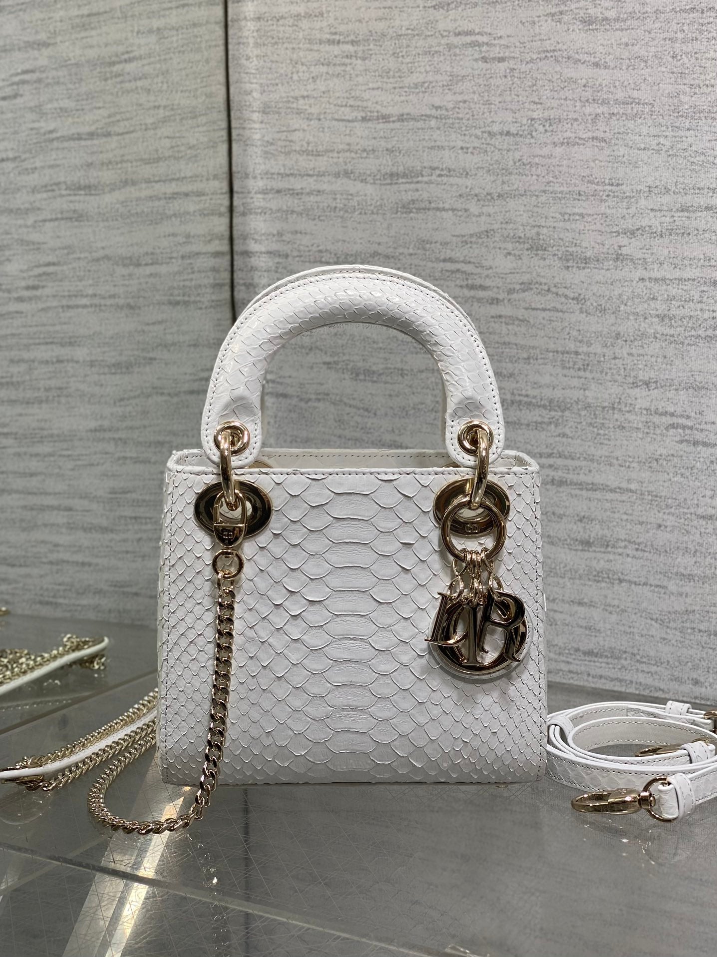 DIOR MINI 17 LADY BAG IN WHITE SNAKESKIN PATTERN LAMBSKIN