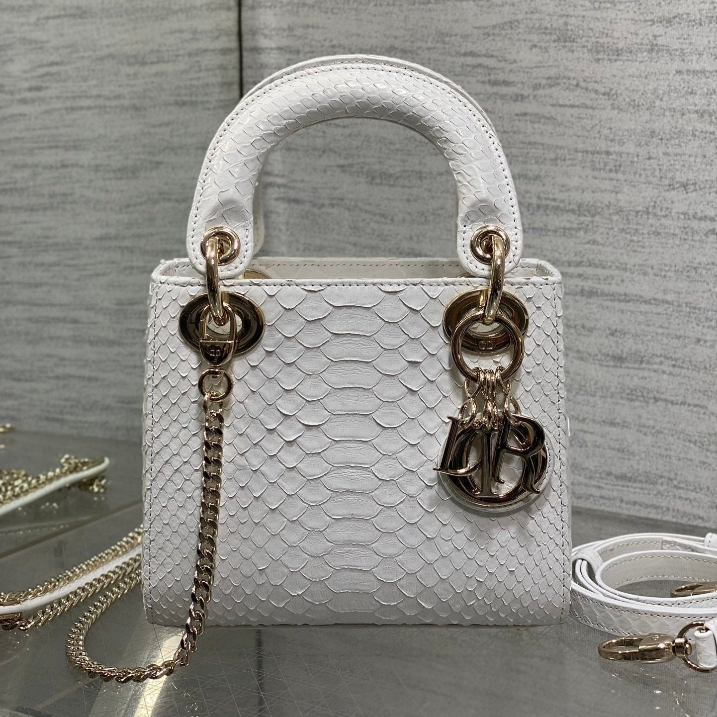 DIOR MINI 17 LADY BAG IN WHITE SNAKESKIN PATTERN LAMBSKIN