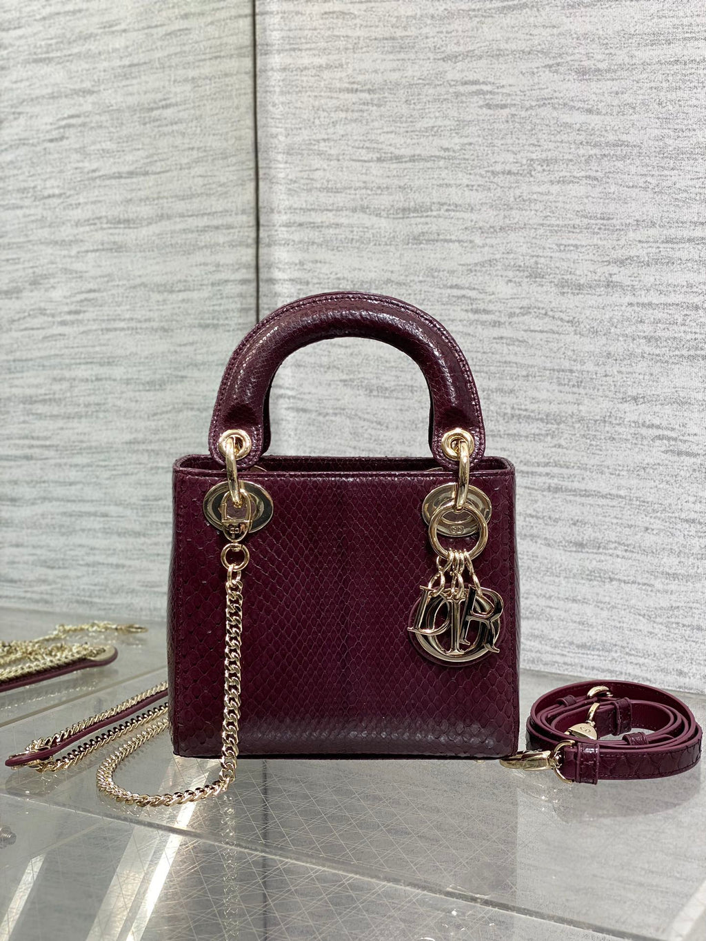 DIOR MINI 17 LADY BAG IN PLUM PURPLE SNAKESKIN PATTERN LAMBSKIN