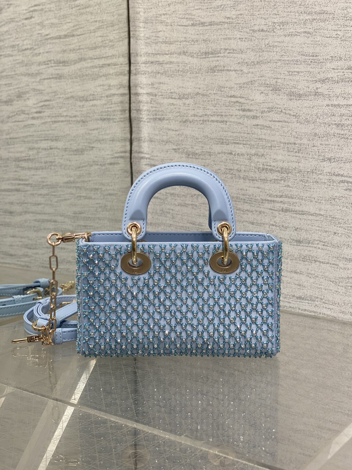 DIOR SMALL 16 LADY D-JOY BAG  IN POWDER BLUE CANNAGE LAMBSKIN WITH EMBROIDERED BEADWORK  BEADWORK