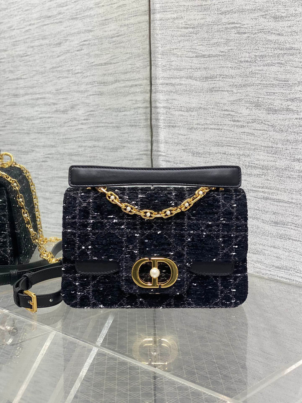DIOR SMALL 22 JOLIE TOP HANDLE BAG IN BLACK MIX WHITE CANNAGE TWEED