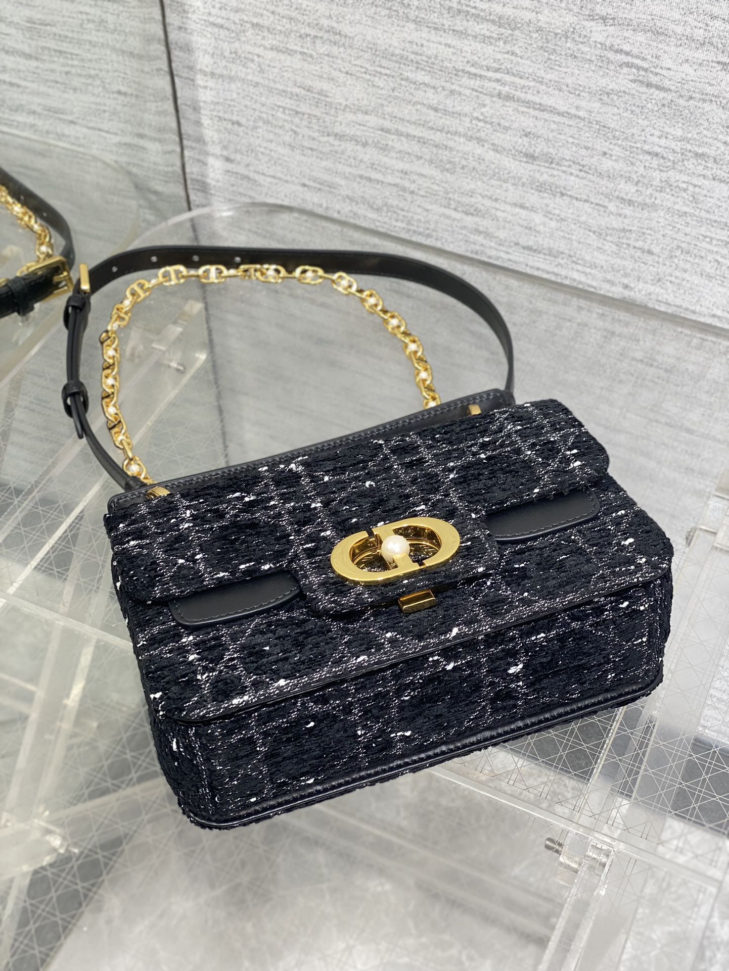 DIOR SMALL 22 JOLIE TOP HANDLE BAG IN BLACK MIX WHITE CANNAGE TWEED