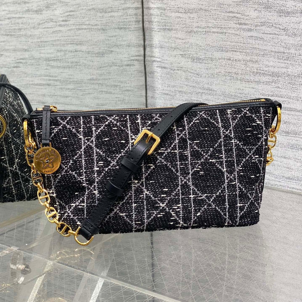 DIOR STAR HOBO 28 BAG WITH CHAIN BLACK MIX WHITE CANNAGE TWEED WITH GOLD HARDWARE