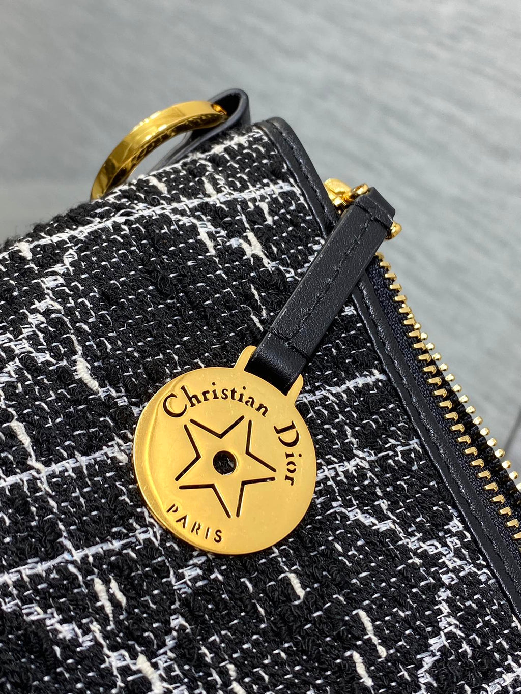 DIOR STAR HOBO 28 BAG WITH CHAIN BLACK MIX WHITE CANNAGE TWEED WITH GOLD HARDWARE