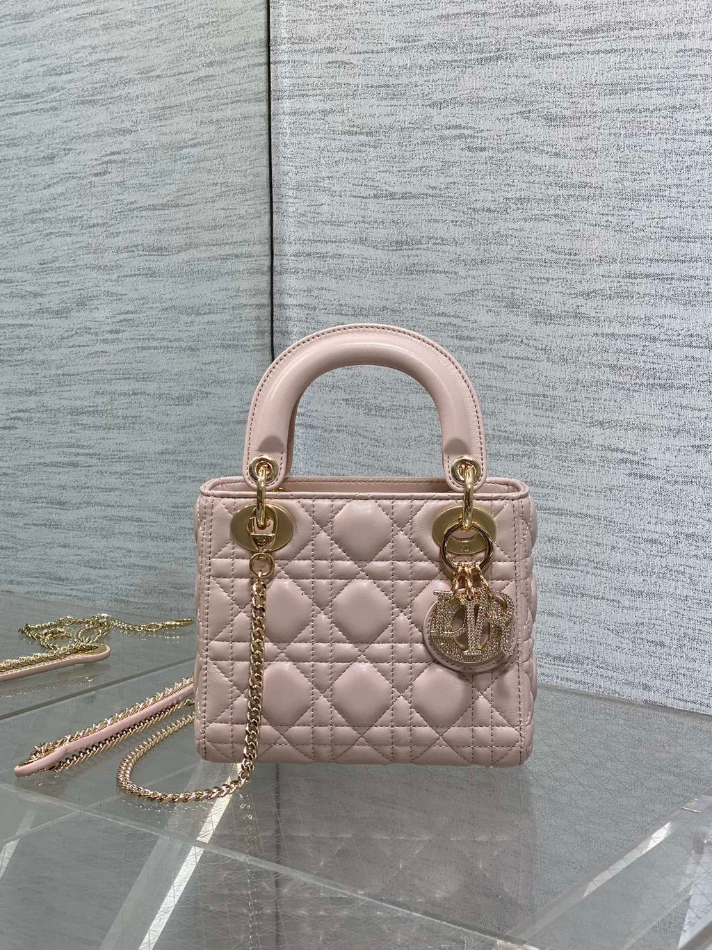 DIOR 25S MINI LADY  BAG 17 IN PINK CALFSKIN CHARM CRYSTAL EMBELLISHMENTS