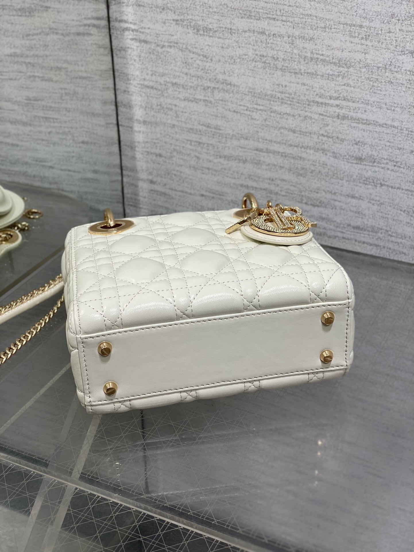 DIOR 25S MINI LADY  BAG 17 IN IVORY CALFSKIN CHARM CRYSTAL EMBELLISHMENTS