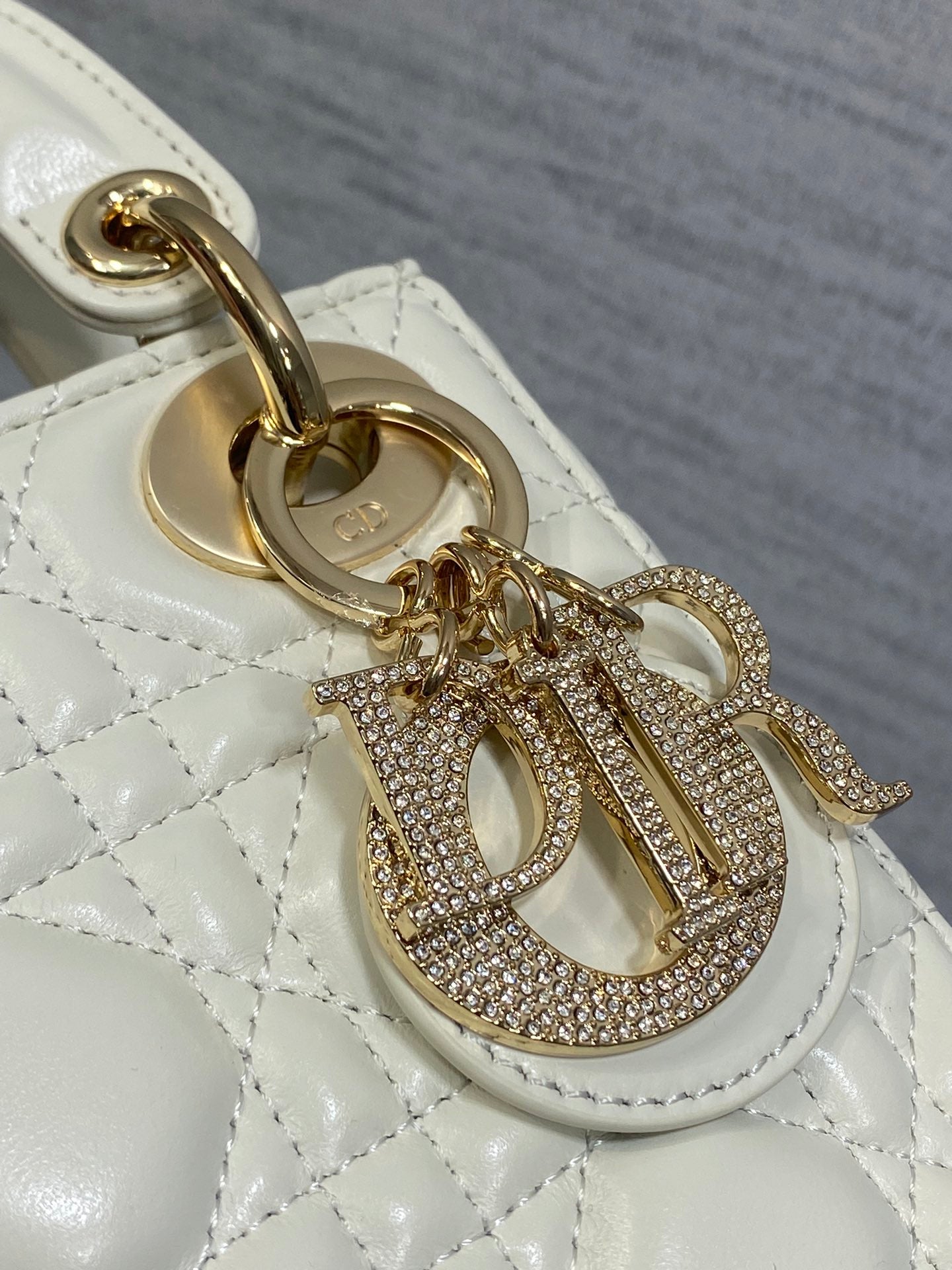 DIOR 25S MINI LADY  BAG 17 IN IVORY CALFSKIN CHARM CRYSTAL EMBELLISHMENTS