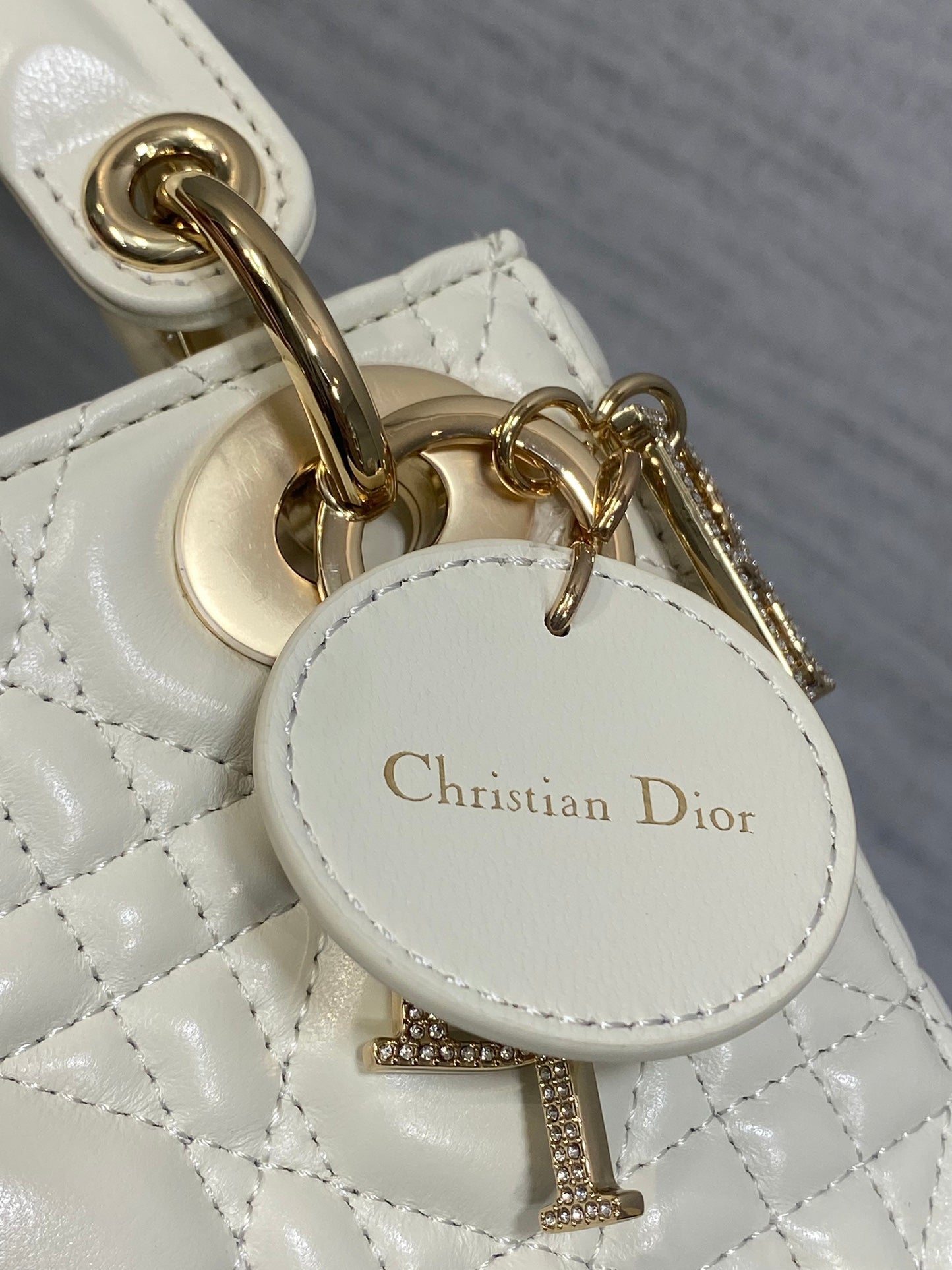 DIOR 25S MINI LADY  BAG 17 IN IVORY CALFSKIN CHARM CRYSTAL EMBELLISHMENTS
