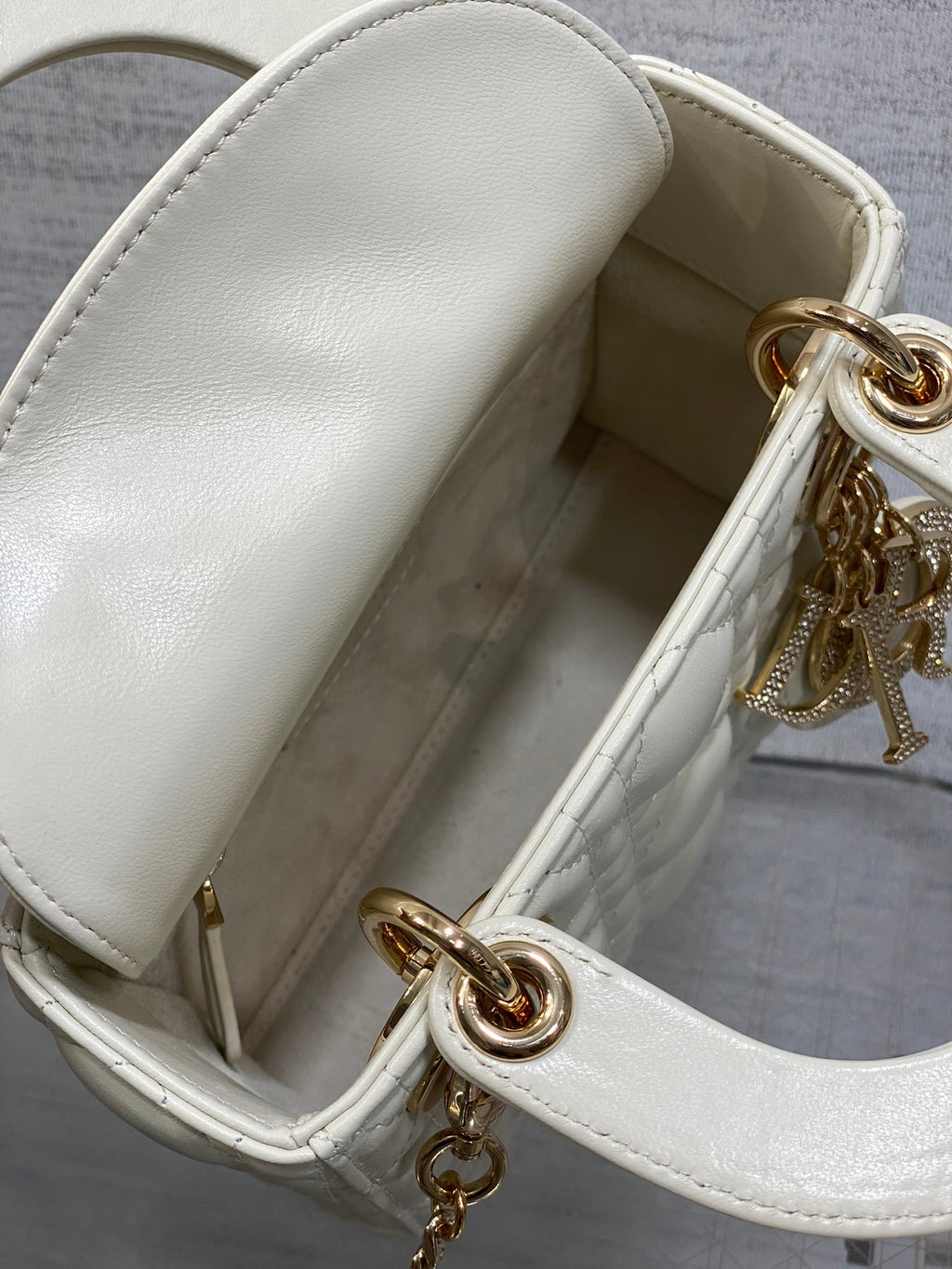 DIOR 25S MINI LADY  BAG 17 IN IVORY CALFSKIN CHARM CRYSTAL EMBELLISHMENTS