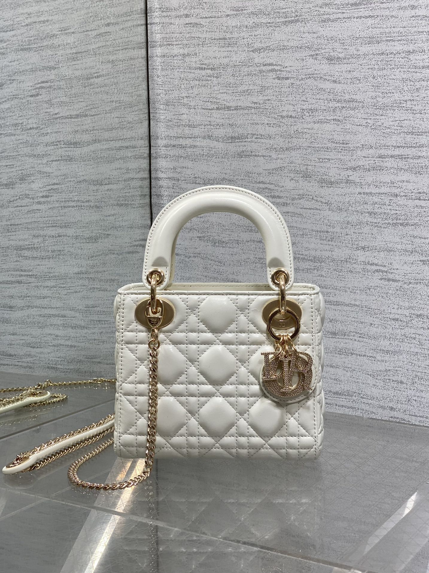 DIOR 25S MINI LADY  BAG 17 IN IVORY CALFSKIN CHARM CRYSTAL EMBELLISHMENTS