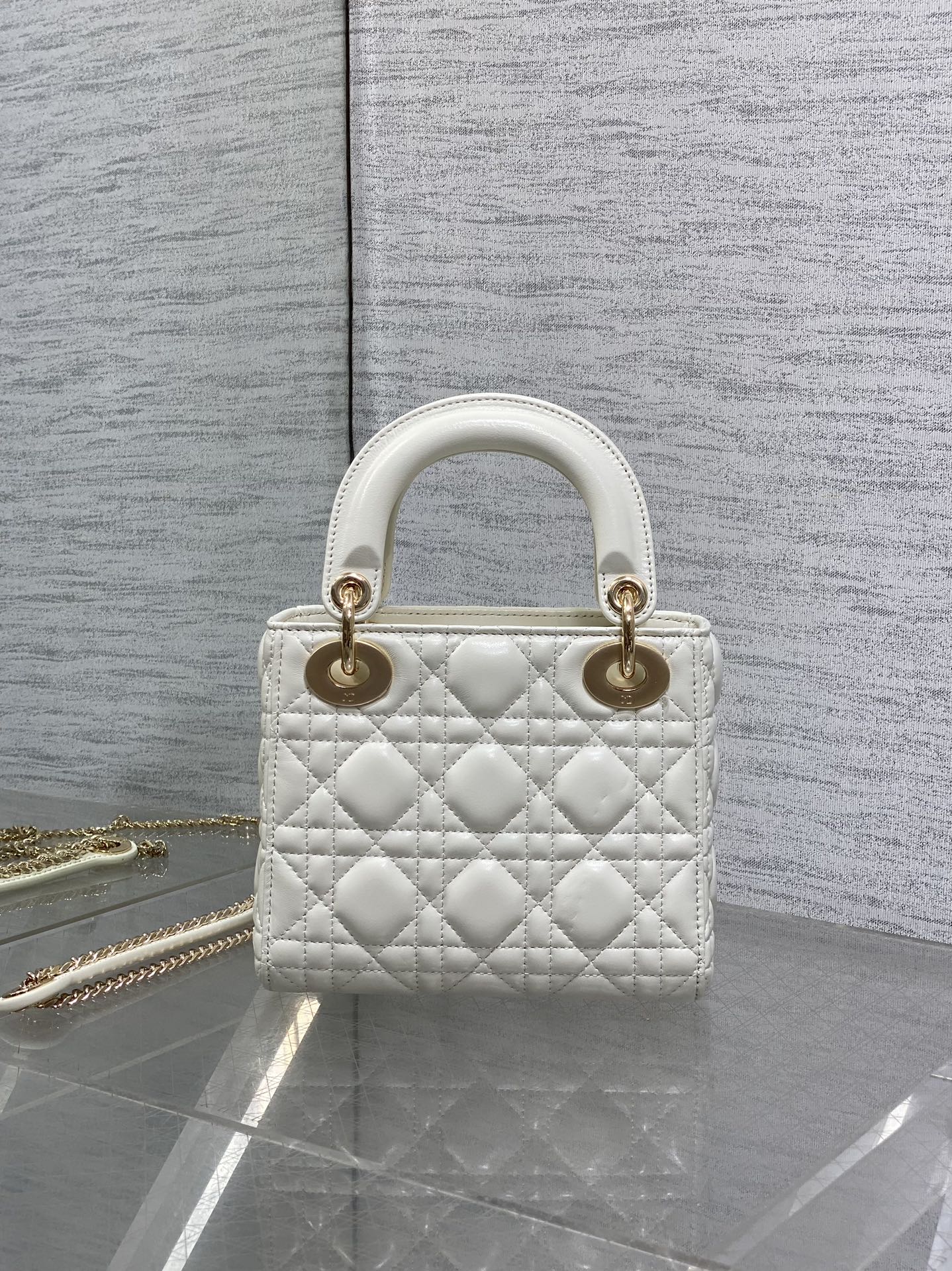 DIOR 25S MINI LADY  BAG 17 IN IVORY CALFSKIN CHARM CRYSTAL EMBELLISHMENTS