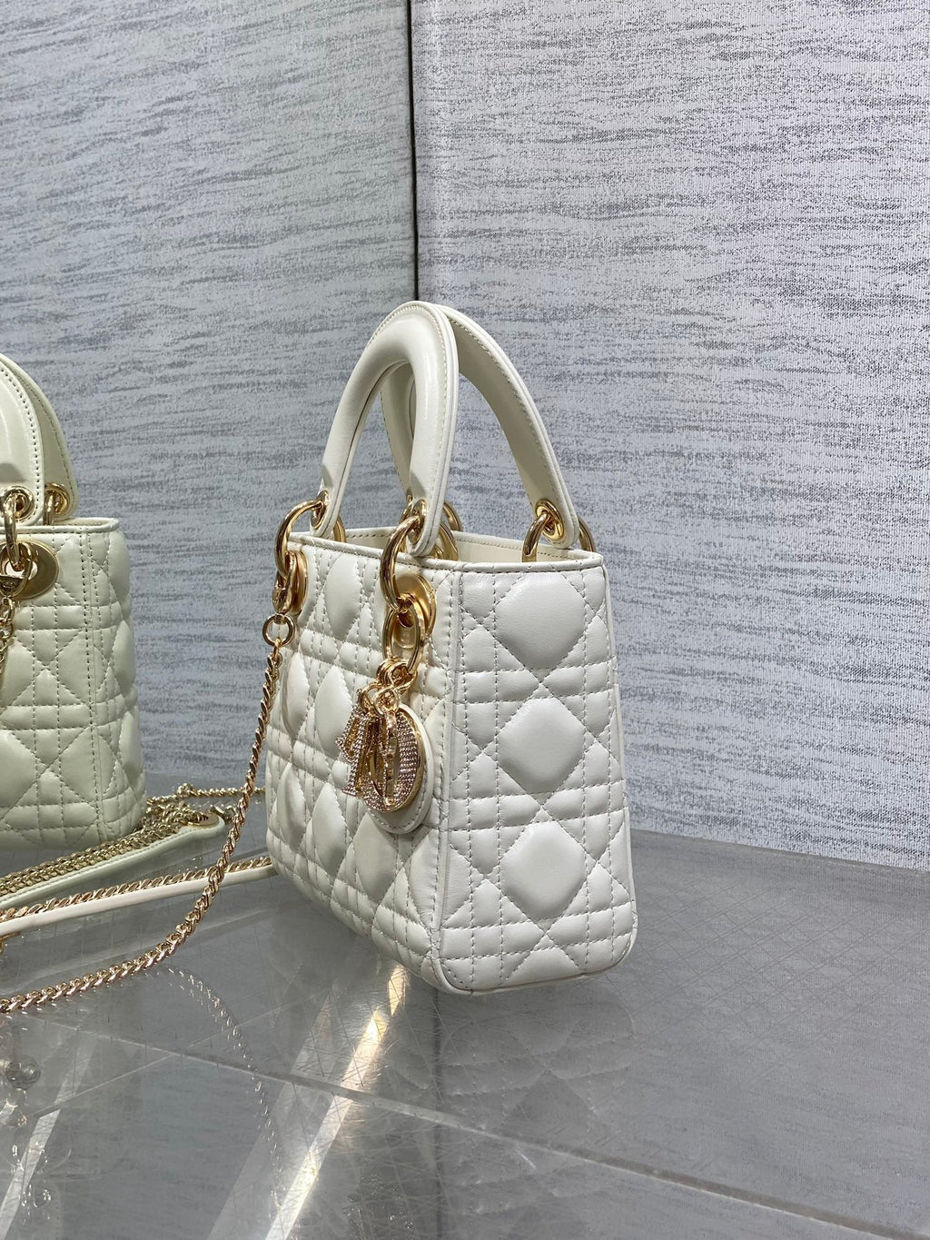 DIOR 25S MINI LADY  BAG 17 IN IVORY CALFSKIN CHARM CRYSTAL EMBELLISHMENTS