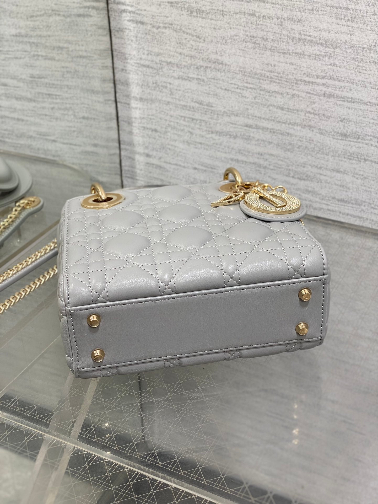 DIOR 25S MINI LADY  BAG 17 IN DARK GRAY CALFSKIN CHARM CRYSTAL EMBELLISHMENTS
