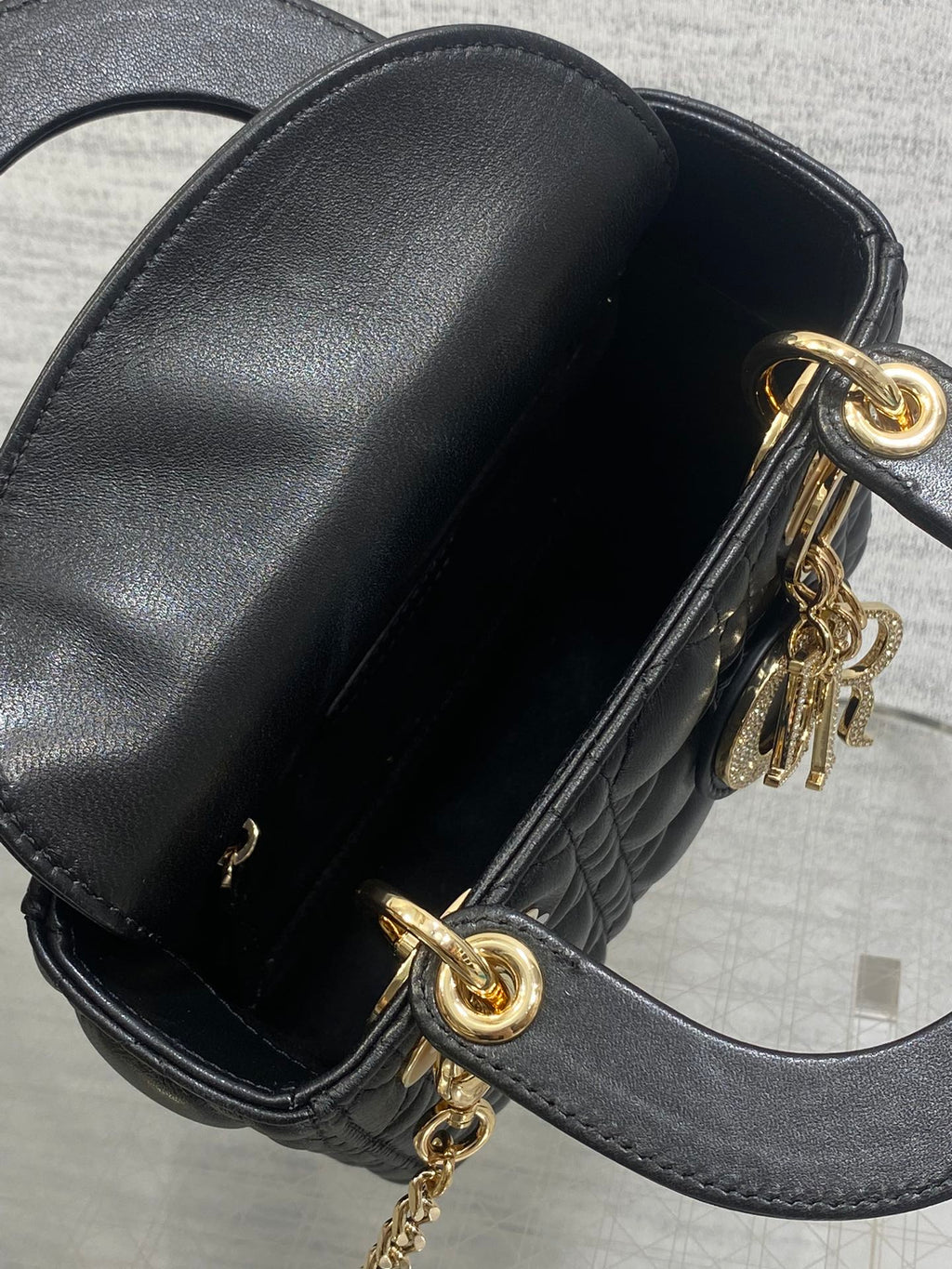 DIOR 25S MINI LADY  BAG 17 IN BLACK CALFSKIN CHARM CRYSTAL EMBELLISHMENTS