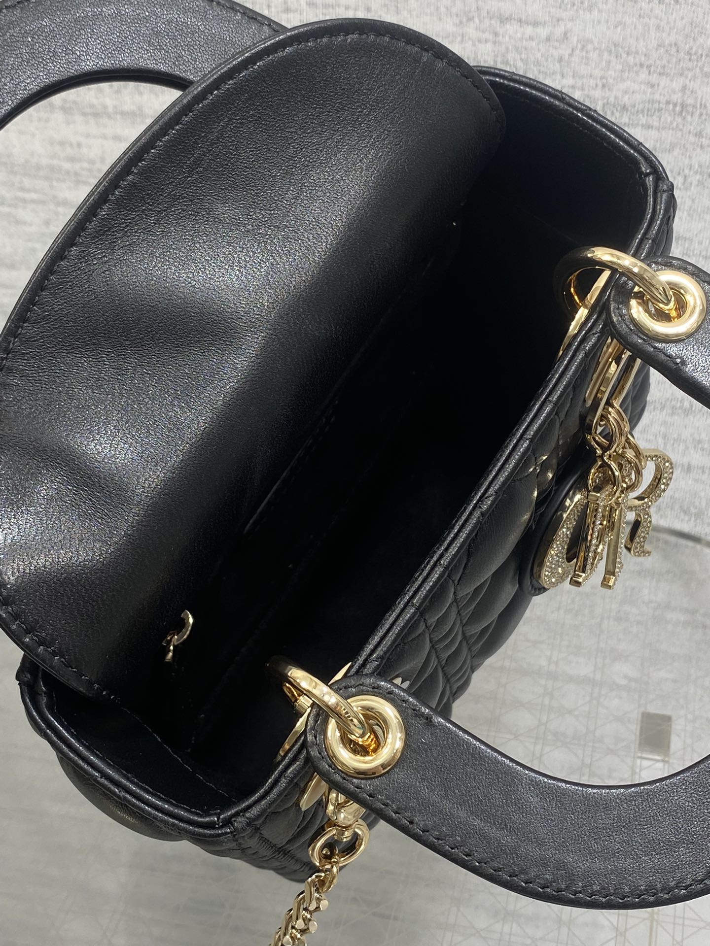 DIOR 25S MINI LADY  BAG 17 IN BLACK CALFSKIN CHARM CRYSTAL EMBELLISHMENTS