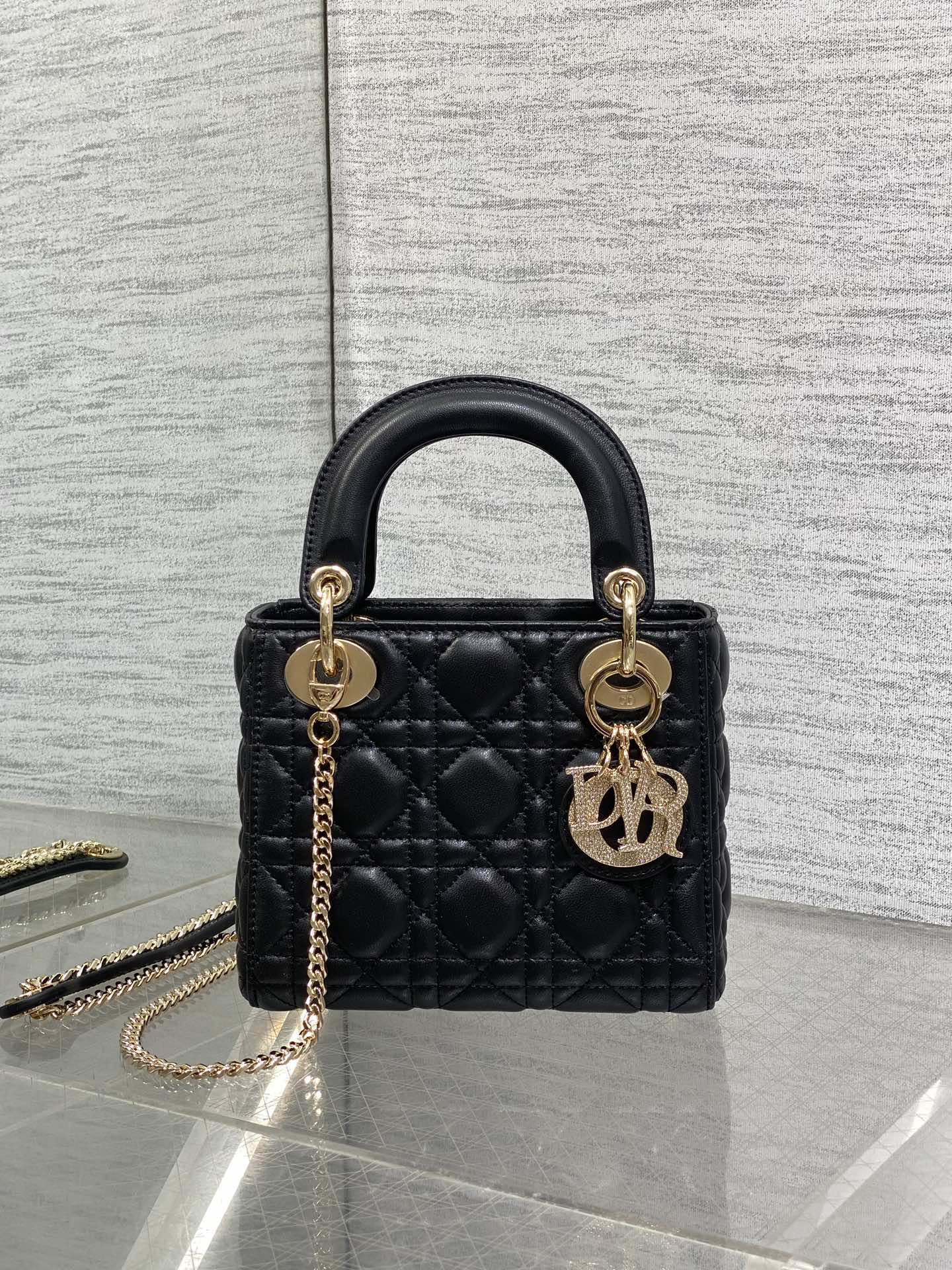 DIOR 25S MINI LADY  BAG 17 IN BLACK CALFSKIN CHARM CRYSTAL EMBELLISHMENTS