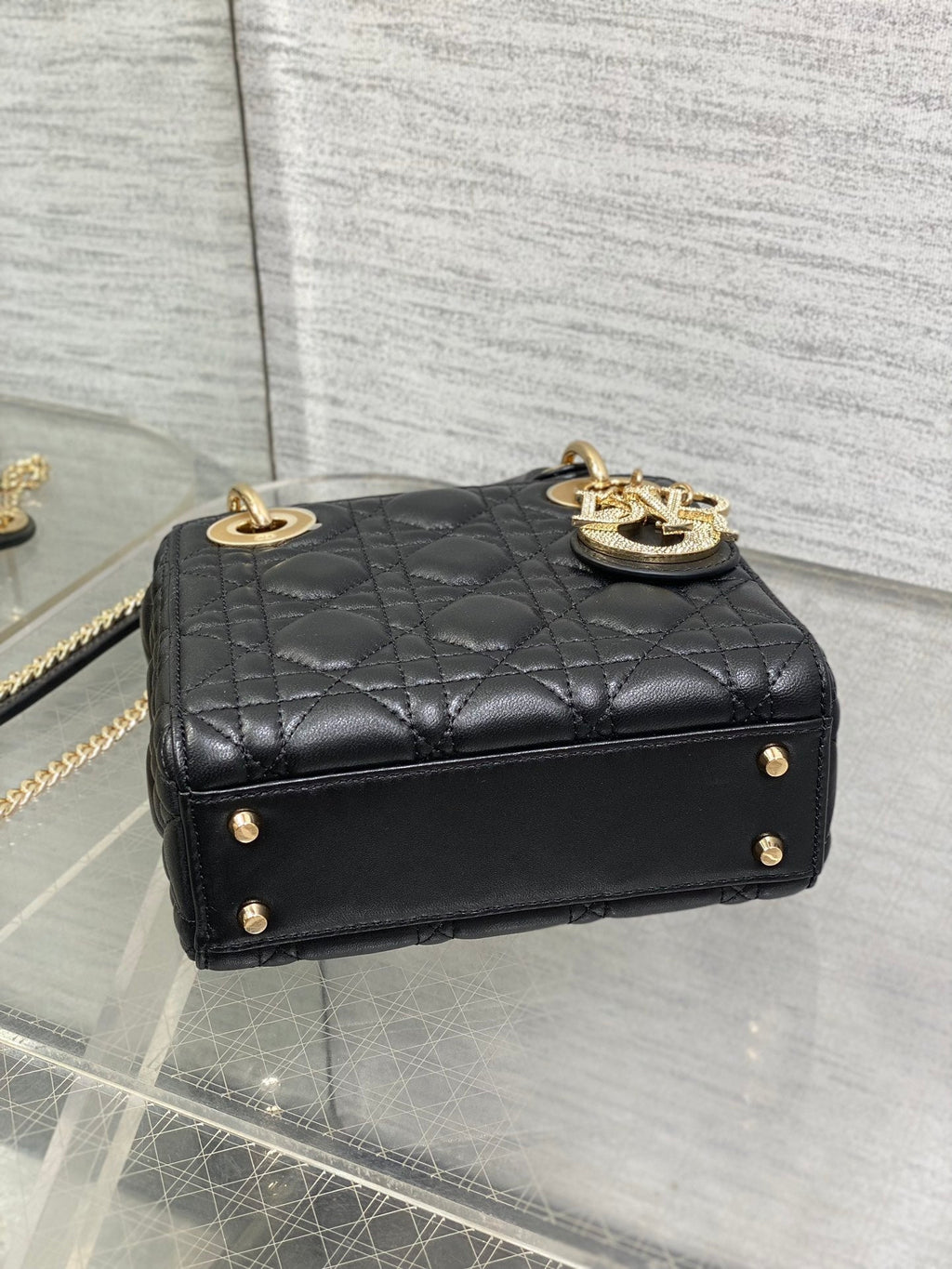 DIOR 25S MINI LADY  BAG 17 IN BLACK CALFSKIN CHARM CRYSTAL EMBELLISHMENTS