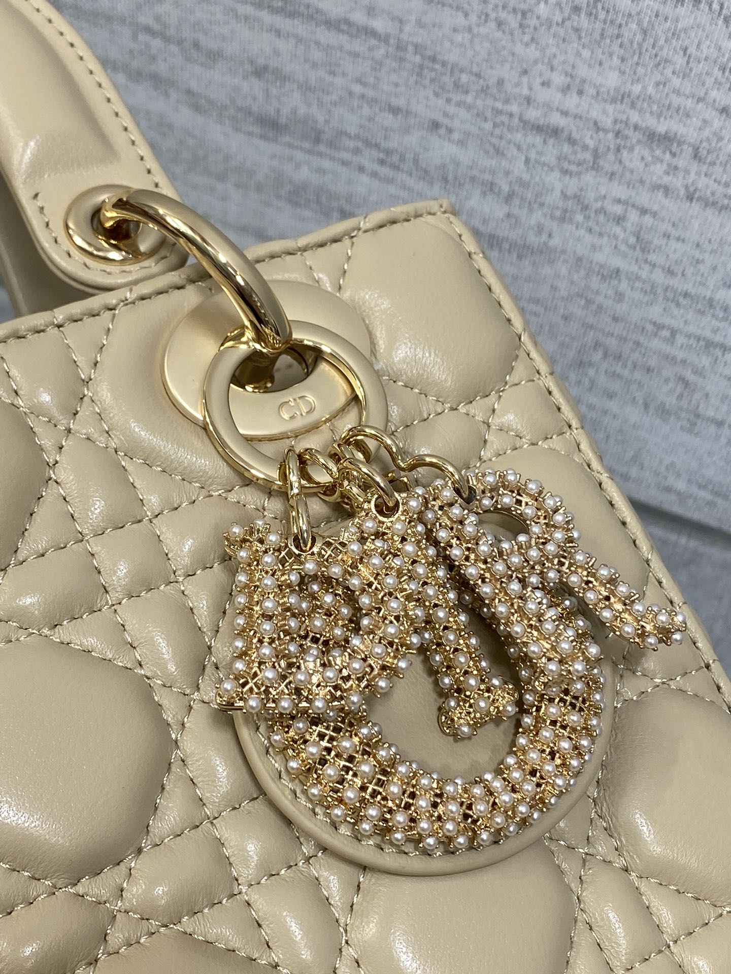 DIOR 25S LADY  BAG 20 IN SAND BEIGE CALFSKIN CHARM PEARL EMBELLISHMENTS